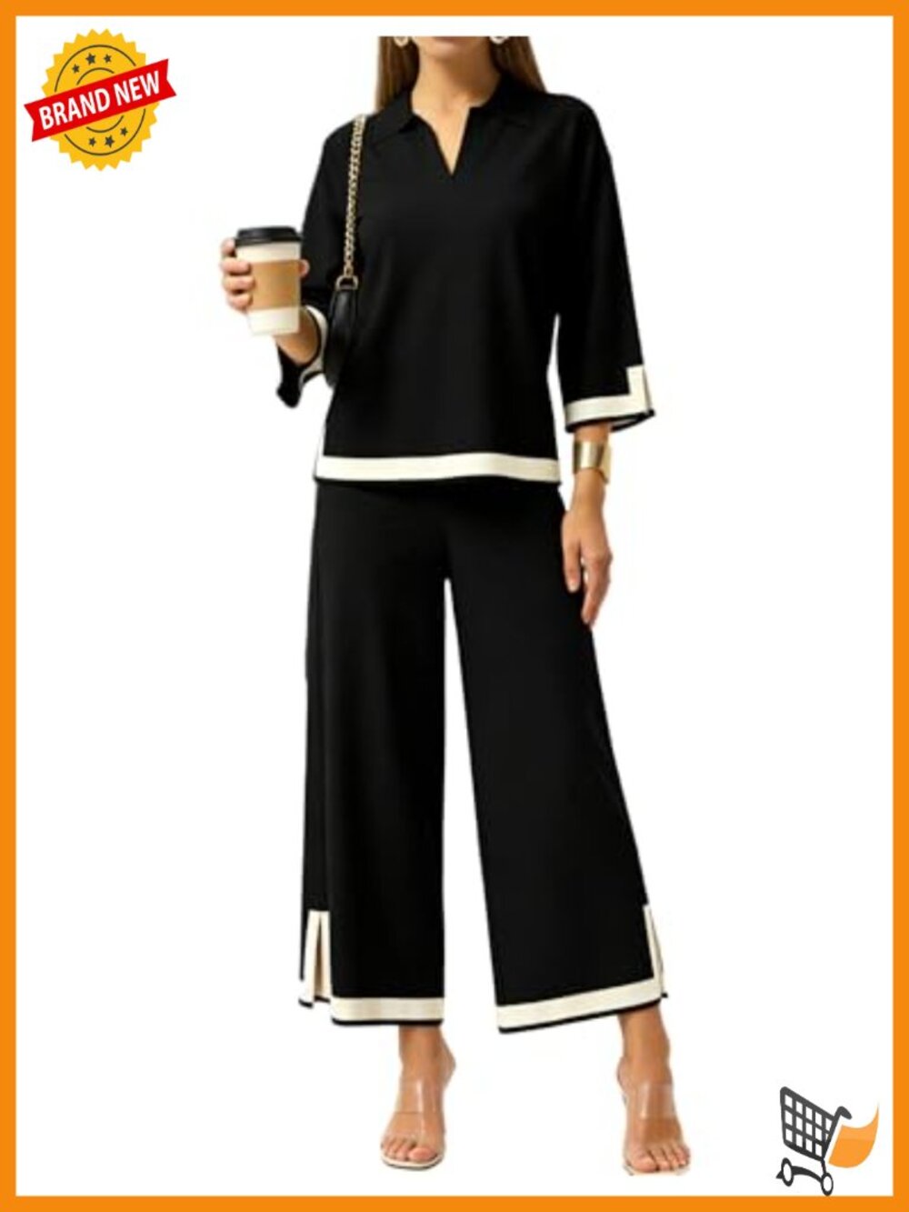 Womens 2 Piece Sweater Lounge Set 3/4 Sleeve Knit Top Wide Leg Pant